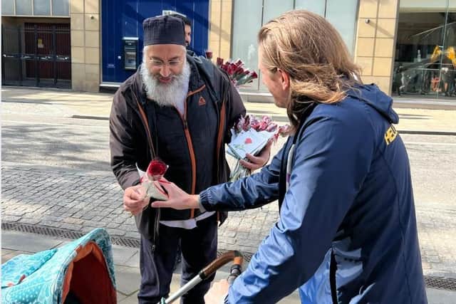 Hundreds of people were handed free flowers and chocolate in Sheffield city centre – as the city’s Muslim community celebrated Mawlid.