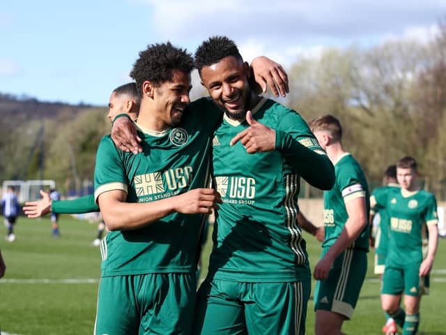 Sheffield United's Illiman Ndiaye celebrates scoring the third goal against Wednesday with Lys Mousset: Simon Bellis/Sportimage