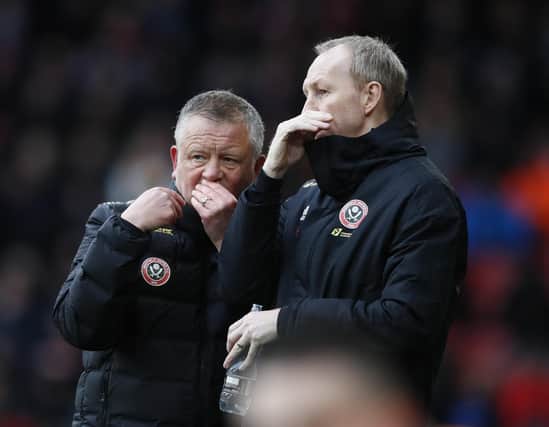Chris Wilder manager of Sheffield United and assistant Alan Knill Assistant  during the Premier League match with Brighton at Bramall Lane, Sheffield.  Simon Bellis/Sportimage