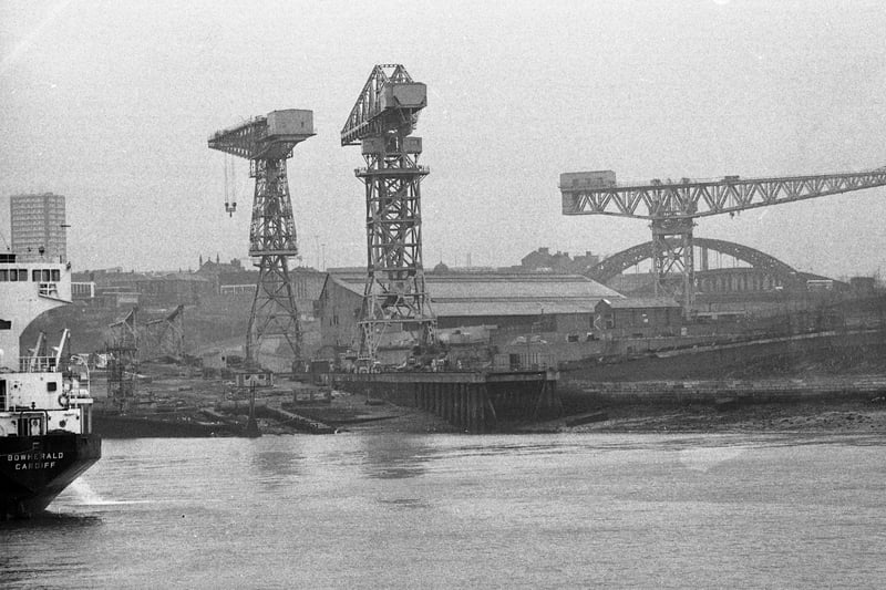 The 650 tonne huge hammerhead crane (foreground)  at the North Sands shipyard on the River Wear was destined for demolition when this photo was taken on February 4 1991.