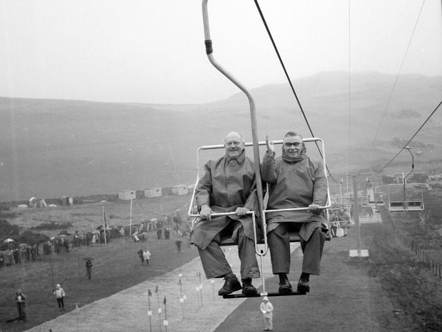 Philanthropist George Boyd Anderson and Lord Provost Herbert Brechin at the opening of Hillend's chairlift in October 1966.