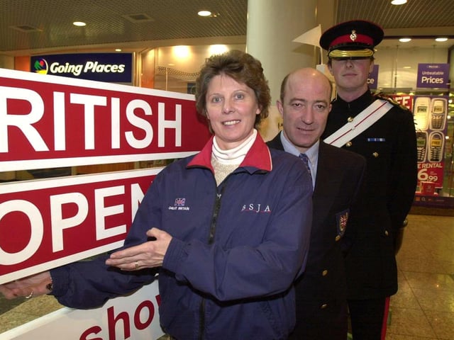 Leading show jumpers Di Lampard and Michael Whitaker with Capt Patrick Leavey of the Household Cavalry, pictured at Meadowhall at the launch of the British Open Show Jumping Championships in 2003