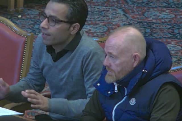 Nouraddin Ghalavand of Vibe Lounge cafe bar on Ecclesall Road and building landlord Mark Platts at a Sheffield City Council licensing sub-committee meeting that granted a licence to the new venue. Picture: Sheffield Council webcast