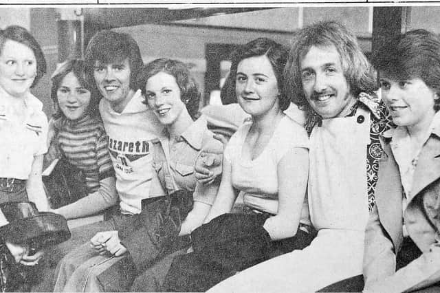 Radio Clyde DJs Tom Ferrie and Bill Smith with guests at the Clyde Disco Roadshow held at Falkirk Town Hall. Stars appearing also included  chart-topping singer Tina Charles.