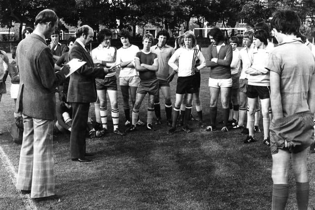 Teachers Bill Wimshurst and Mike Wiblin call the roll as South Shields schoolboy players muster for trials at Cleadon Recreation Ground. Remember this?