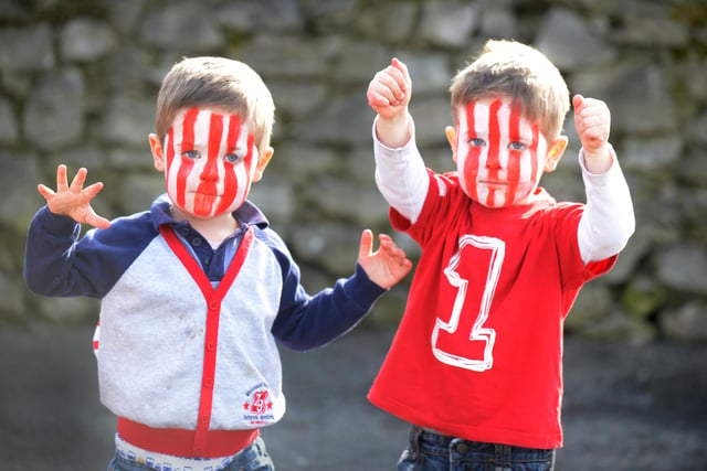 James and Callum Miles, both 2, at Busy Bees Nursery, Fulwell, ahead of Sunderland's appearance in the Capital One Cup final in 2014.