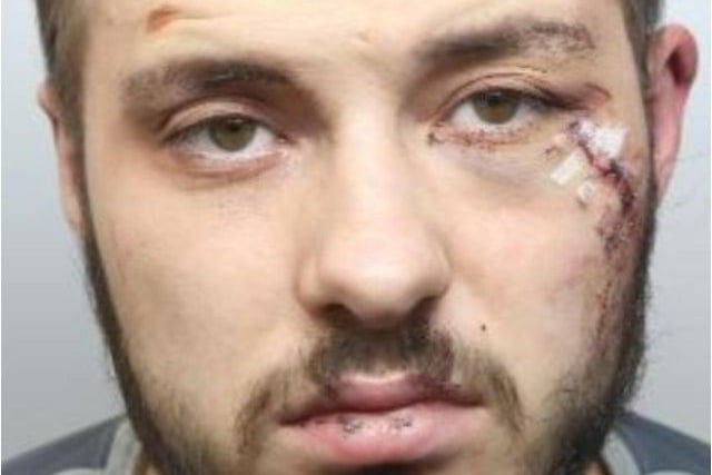 Pictured is Ben Wright, aged 23, of Rodman Street, Woodhouse, Sheffield, who pleaded guilty to robbery and possessing a knife in public from December 13 and he also admitted two burglaries from December 15. Sheffield Crown Court heard in January how Wright, 23, demanded cash from the female shopkeeper when he raided the Ironbridge Convenience Store, on Retford Road, Sheffield, on December 13, with a knife and while wearing a plastic skull mask.