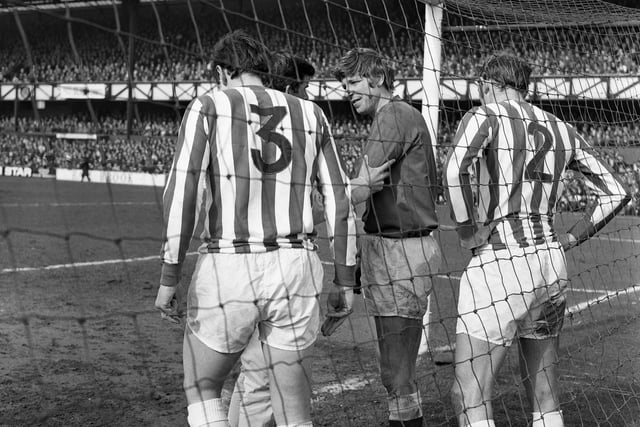 Sunderland team-mates are pictured with goalkeeper Jimmy Montgomery after he was charged into goal by Wyn Davies in the March 1970 Derby with Newcastle. It ended 1-1.