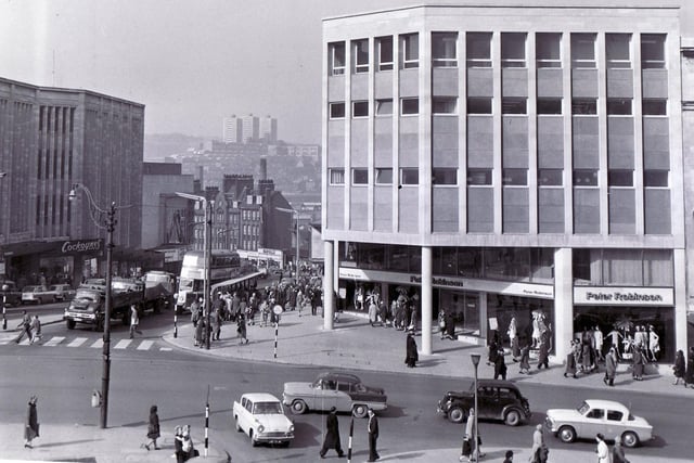 The Peter Robinson fashion store, Sheffield, on the junction of Angel Street and High Street, with Cockayne's department store on the left and C & A on the right, 1965