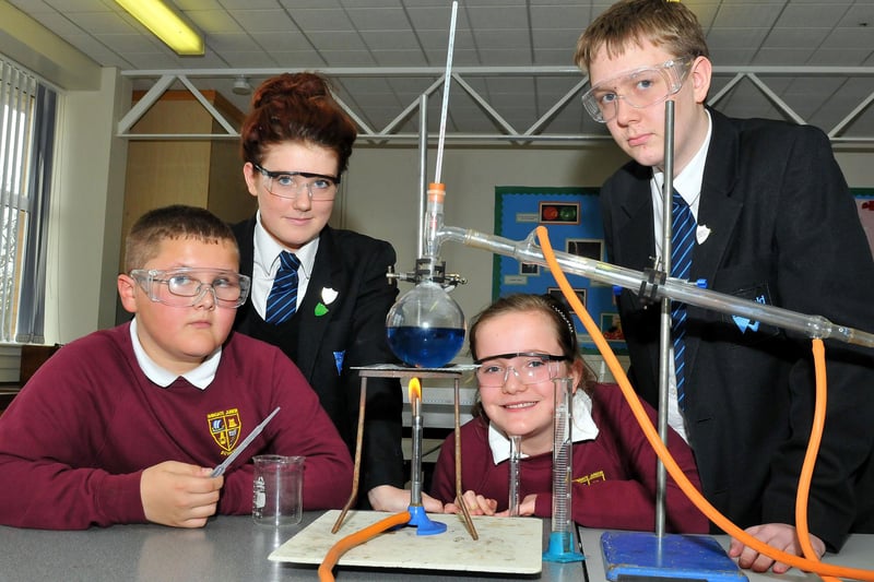 Wingate Primary School pupils Kieron Slack and Anna Hughes were pictured in the Science department at Wellfield Community School as they carried out an experiment with head girl Kayleigh Jobs and head boy Sam Foster 9 years ago.