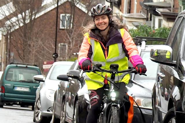 Dr Margo Duncan riding a CycleBoost ebike in Heeley