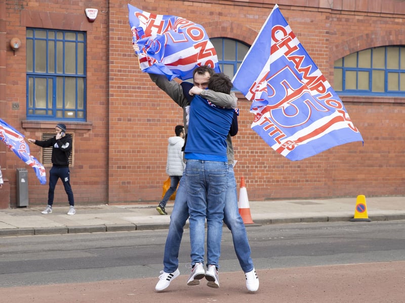 Rangers fans gather outside Ibrox as they are crowned champions on March 07, 2021, in Glasgow, Scotland.