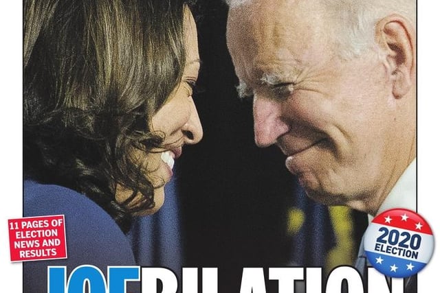 The New York Daily News shows beaming President and vice president elect Joe Biden and Kamala Harris at their  victory celebration rally in Delaware.