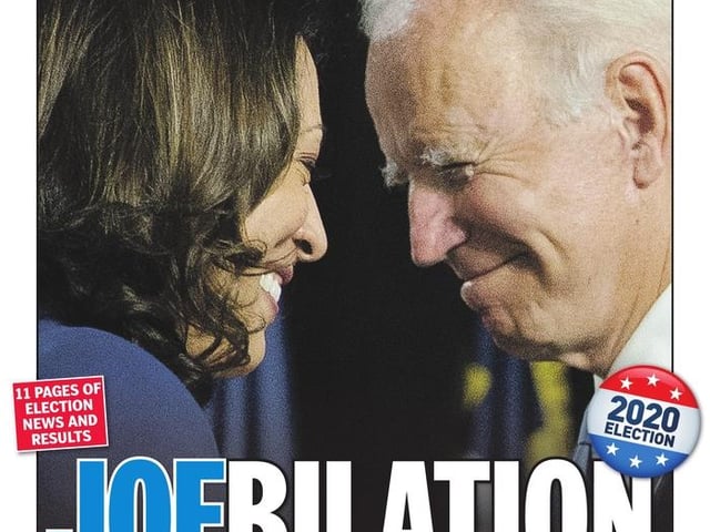 The New York Daily News shows beaming President and vice president elect Joe Biden and Kamala Harris at their victory celebration rally in Delaware.