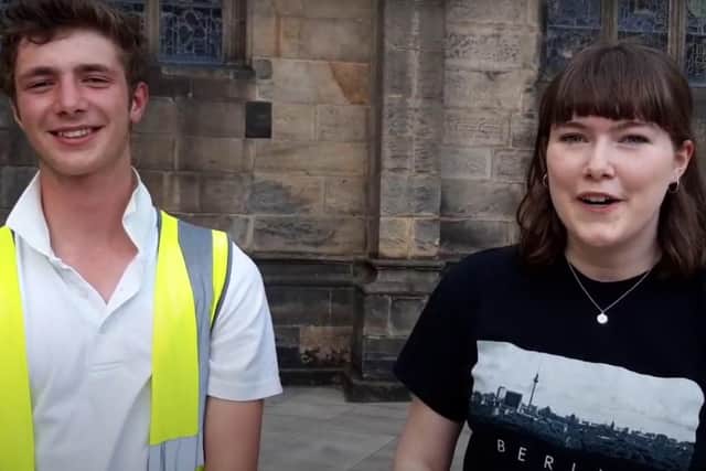 Two of the walk leaders, Tim Niblett and Rachel Mander, outside Sheffield Cathedral