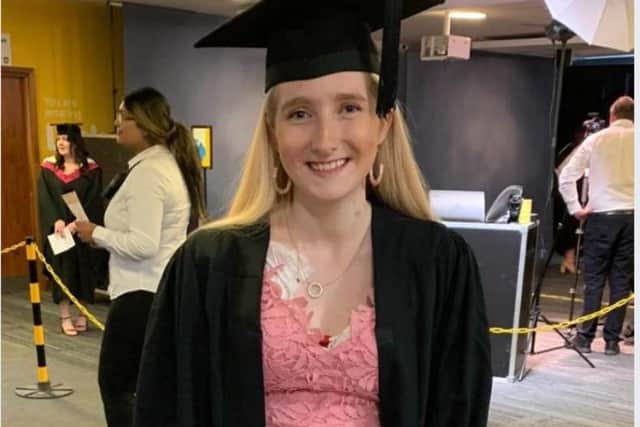 Inspirational 25-year-old Katie Bennett-Hogg has plenty to smile about – as she has just graduated with a diploma that she fought through pain to obtain, just six weeks after having an operation she hopes will transform her life. Picture: Kate Bennett-Hogg
