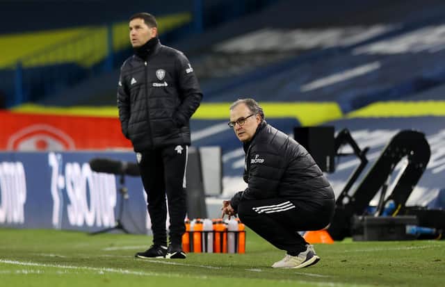 Marcelo Bielsa, manager of Leeds United looks on during the Premier League match between Leeds United and Aston Villa at Elland Road on February 27, 2021.