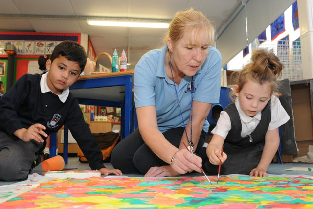 Laygate Community School pupils were taking part in Art Week in 2013 and Mahdy Thaminn, teaching assistant Alison King, centre, and Jesica Markey were pictured as they created a silk painting.