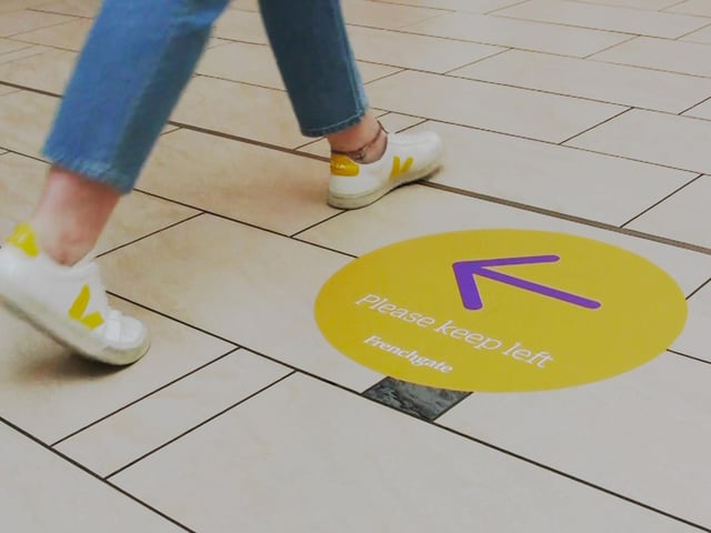 New social distancing measures in place at the Frenchgate Centre ahead of shops opening on Monday.