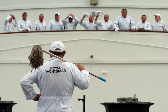 50 of Britannia's former Royal Yachtsmen stepped back on board this week for a special reunion, coinciding with the 56th anniversary of the Yacht's launch from Clydebank. The yachtsmen donned their overalls and picked up their tools to help with the ship's maintenance.  21st April 2009. Picture by JANE BARLOW