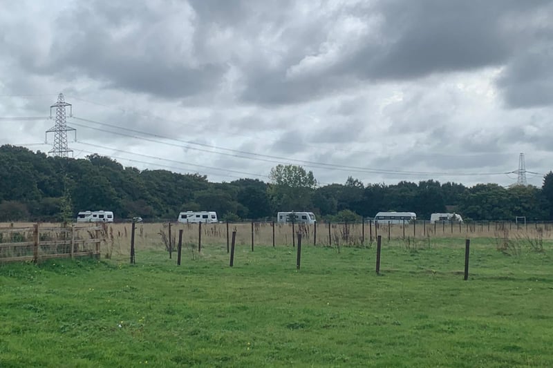 Travellers set up in the playing fields along Hunts Pond Road, Park Gate on September 24, 2020