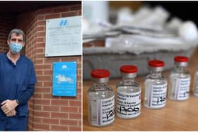 (Left) Dr Ollie Hart (Right) Vials of the Oxford-AstraZeneca Covid-19 vaccine by OLI SCARFF/AFP via Getty Images.