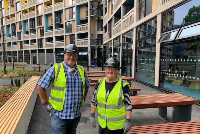 Manor Castle councillors Terry Fox and Sioned-Mair Richards at Park Hill flats.