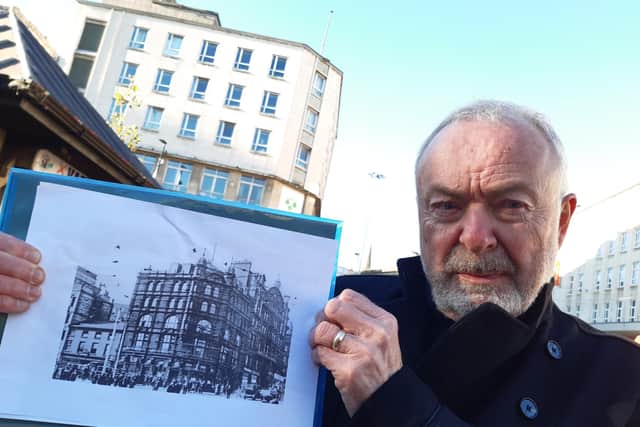 Local historian Martin Naylor in front of the pawn shop that now occupies the site of the Marples Hotel, with a picture showing the Marples Hotel before it was destroyed in the Sheffield Blitz. He wants to see a blue plaque to mark the site, where over 70 people died