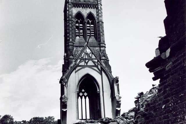 The high tower of All Saints Church, Ellesmere Road, Pitsmoor is all that is left of the Victorian stone church which is falling victim to the demolition men, June 8, 1977