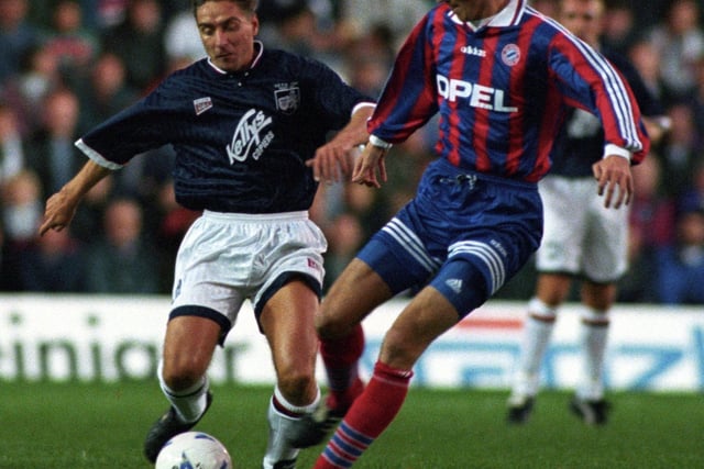 Raith Rovers' Jim McInally, left, battles for the ball with Bayern Munich's Dietmar Hamann in October 1995's UEFA Cup second round game at Easter Road in Edinburgh. Photo: SNS Group