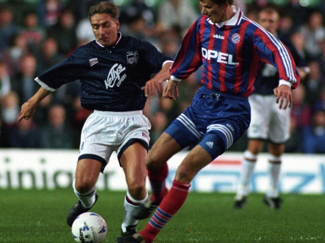 Raith Rovers' Jim McInally, left, battles for the ball with Bayern Munich's Dietmar Hamann in October 1995's UEFA Cup second round game at Easter Road in Edinburgh. Photo: SNS Group