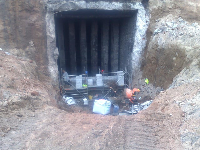 Access to the fan drift being sealed with a 450mm thick wall and will be filled with thousands of tons of concrete
You can imagine how big it is when you look at the cement mixer for scale!
