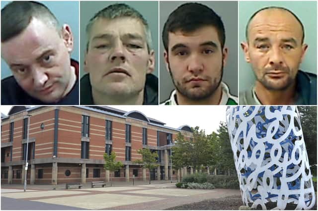Just some of the Hartlepool criminals, top, who have been recently jailed at Teesside Crown Court, below.