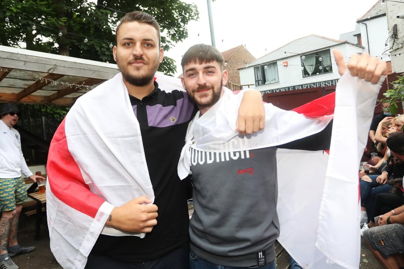 England fans pictured at the Milton Arms in Portsmouth, UK, about to watch England play on TV in the Semi-finals at Wembley. Pictured is from left, Jordan Webb and Josh Reed. Picture: Sam Stephenson