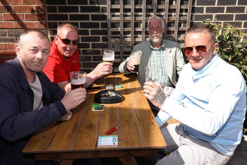 From left, Nobby Hall, Norm Jones, Rod 'Hot Rod' Webb and Ray Smith. Drinkers enjoy the sunshine at the Parchment Makers, HavantPicture: Chris Moorhouse (jpns 240421-18)