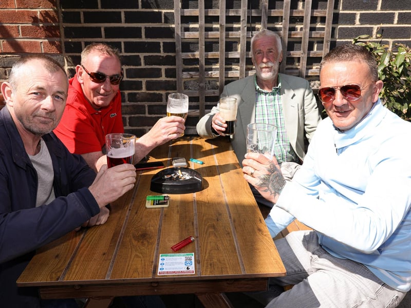 From left, Nobby Hall, Norm Jones, Rod 'Hot Rod' Webb and Ray Smith. Drinkers enjoy the sunshine at the Parchment Makers, HavantPicture: Chris Moorhouse (jpns 240421-18)