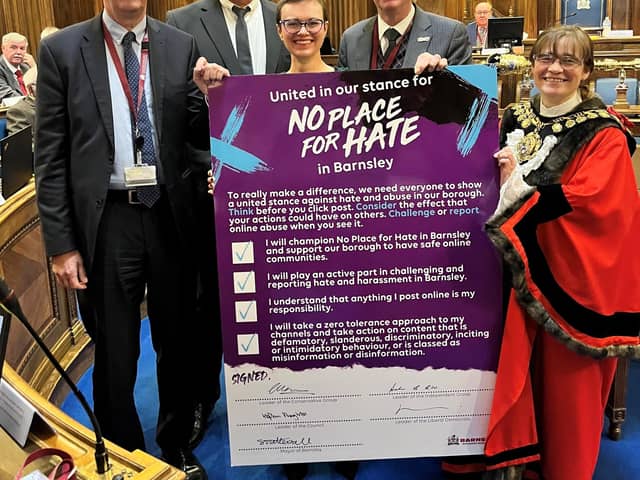The leaders of all political parties on Barnsley Council signed a pledge at last week's full council meeting as part of the authority's "no place for hate" campaign, which aims to create safe online communities.
