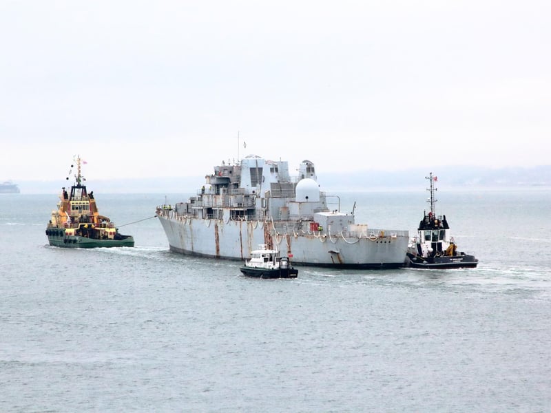 The last sighting of Falklands War destroyer HMS Bristol leaving Portsmouth on June 11. She was sold to Turkey to be scrapped.