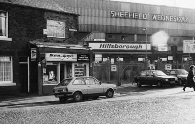 Leppings Lane showing (left) Phil and Sue's general store and (centre) the entrance to Sheffield Wednesday's Hillsborough Stadium