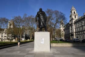 A sign saying 'get well soon Boris' displayed on the Winston Churchill statue in Parliament Square, Westminster, London, as Prime Minister Boris Johnson remains in hospital following his admission on Sunday with continuing coronavirus symptoms. Photo: Stefan Rousseau/PA Wire