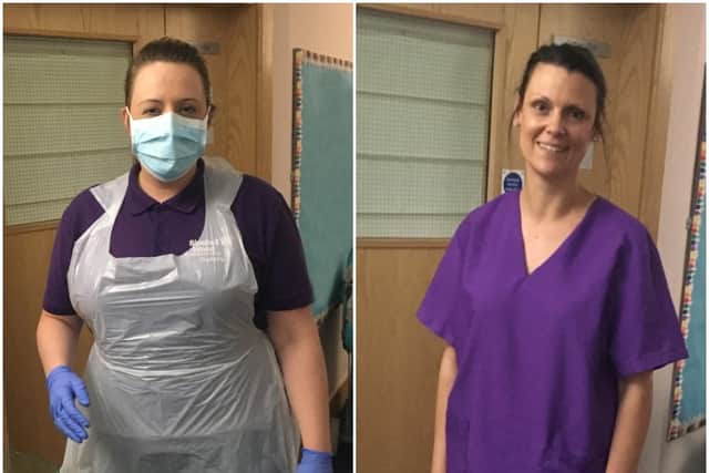 Nurse Charlotte Loates in PPE and team leader Gemma Kent in scrubs