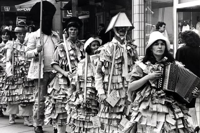 Members of Action Space Mobile Street Theatre in Fargate on  April 17th 1985 for the Sheffield Community Festival