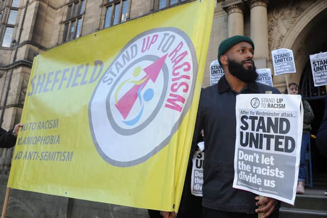 Former Lord Mayor of Sheffield Magid Magid joining an anti-racist protest outside Sheffield Town Hall in 2017