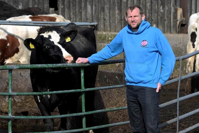 Eddie Andrew pictured on his farm Our Cow Molly, Cliffe House Farm, Hill Top Road, Dungworth.25th March 2019 ..Picture by Simon Hulme 