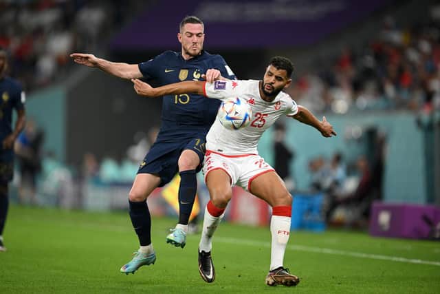 Jordan Veretout of France battles for possession with Anis Ben Slimane of Tunisia during the FIFA World Cup Qatar 2022 Group D match: Clive Mason/Getty Images