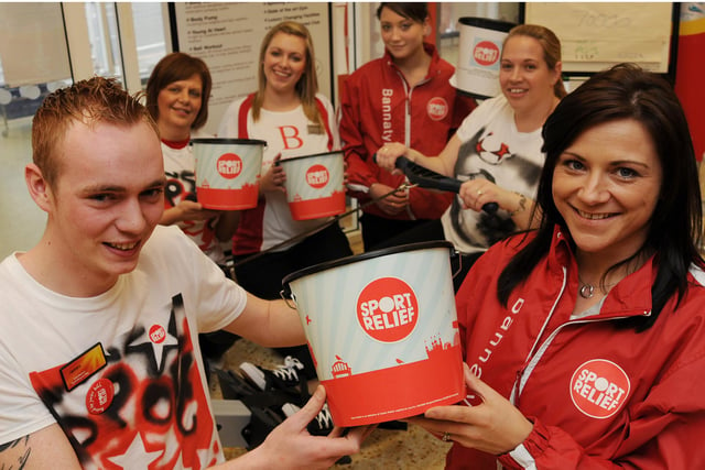 Worksop's Sainsbury's and Bannatyne Gym teamed together to raise money for Sport Relief by staging a sponsored rowathon in 2012.
Front from left is even organisers James Hinchliffe - Checkout Supervisor, Sainsbury's and Paula Hill - General Manager, Bannatyne,  pictured with Rachel Denton - Customer Services Manager, Sainsbury's, on the rowing machine and Bannatyne staff.