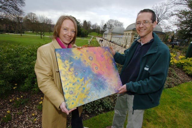 Artist Sharon Gill and Curator Ian Turner in the Botanical Gardens in Sheffield to promote Art in the Gardens for 2008