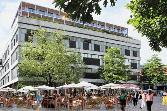 A view of the building from Barker's Pool showing how new cafes and restaurants on the ground floor could expand out to provide outdoor seating in the square taken by Tom Hunt and Adam Park.