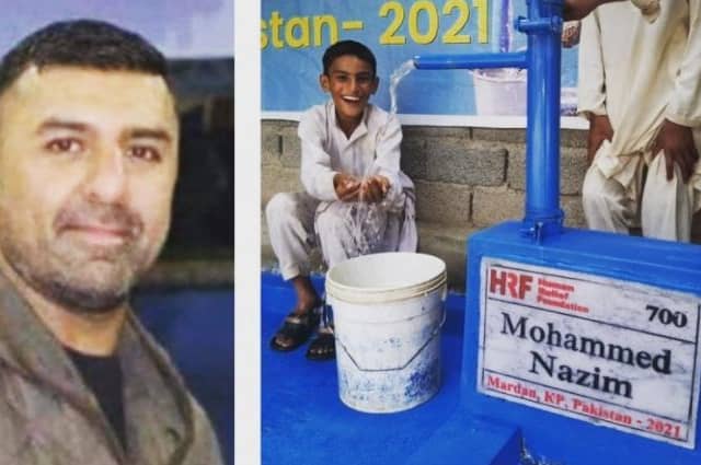 Naz Khan, whose real name is Mohammed Nazim, and one of the water pumps installed in his memory