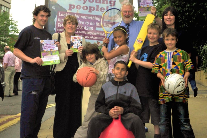 Launch of Sheffield Council's 2009 summer activity programme, Go For It! From left to right are James Taylor from the council, Coun Sylvia Dunkley, Cabinet Member for Culture, Sport and Tourism, Ella Harvard, age nine, from Nether Edge, Zubair Ahmed, age nine, from Sharrow, Amber Masang, age nine, from Sharrow, Coun David Baker, council deputy leader, Ciaran Wakefield, age nine, from Sharrow, Sarah Nixon from the council and Molly Havard, age nine, from Nether Edge